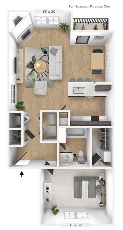 Floor plan for 1 bed, 1 bath, 780 sqft
